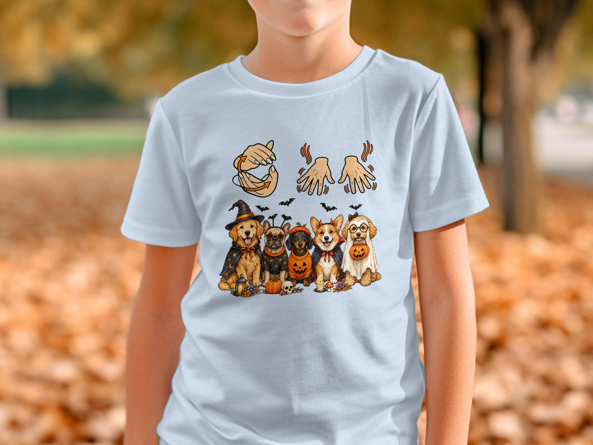 Five dogs in Halloween costumes sit together with pumpkins and bats.