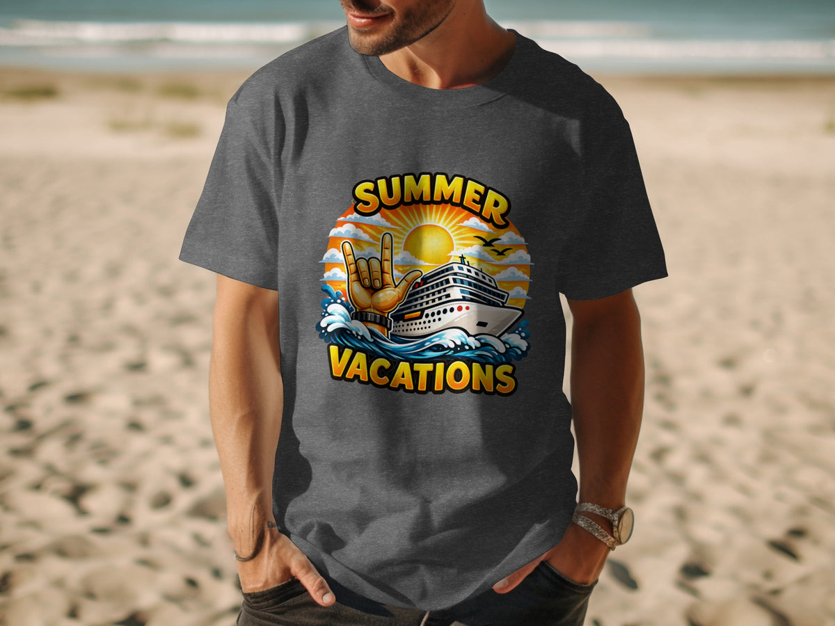 Dark grey t-shirt with a graphic of a cruise ship, sun, and text "Summer Vacations".