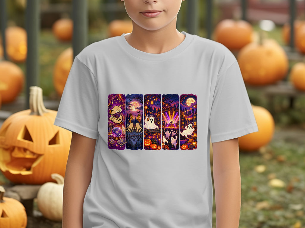 White t-shirt with five Halloween-themed vertical panels featuring ghosts, pumpkins, and moons.