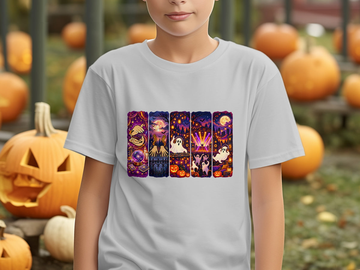 White t-shirt with five Halloween-themed vertical panels featuring ghosts, pumpkins, and moons.
