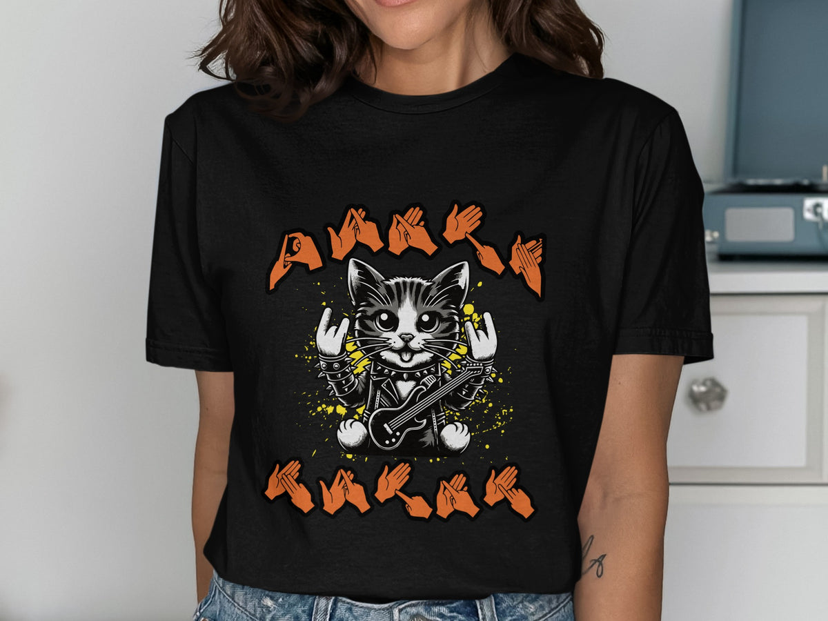 Black t-shirt with a cartoon cat playing guitar surrounded by hands forming ASL letters.