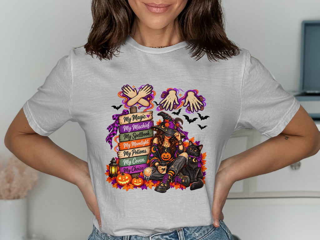 Witch with black cat and pumpkins on a sign that reads "My Magic" to "My Choice".