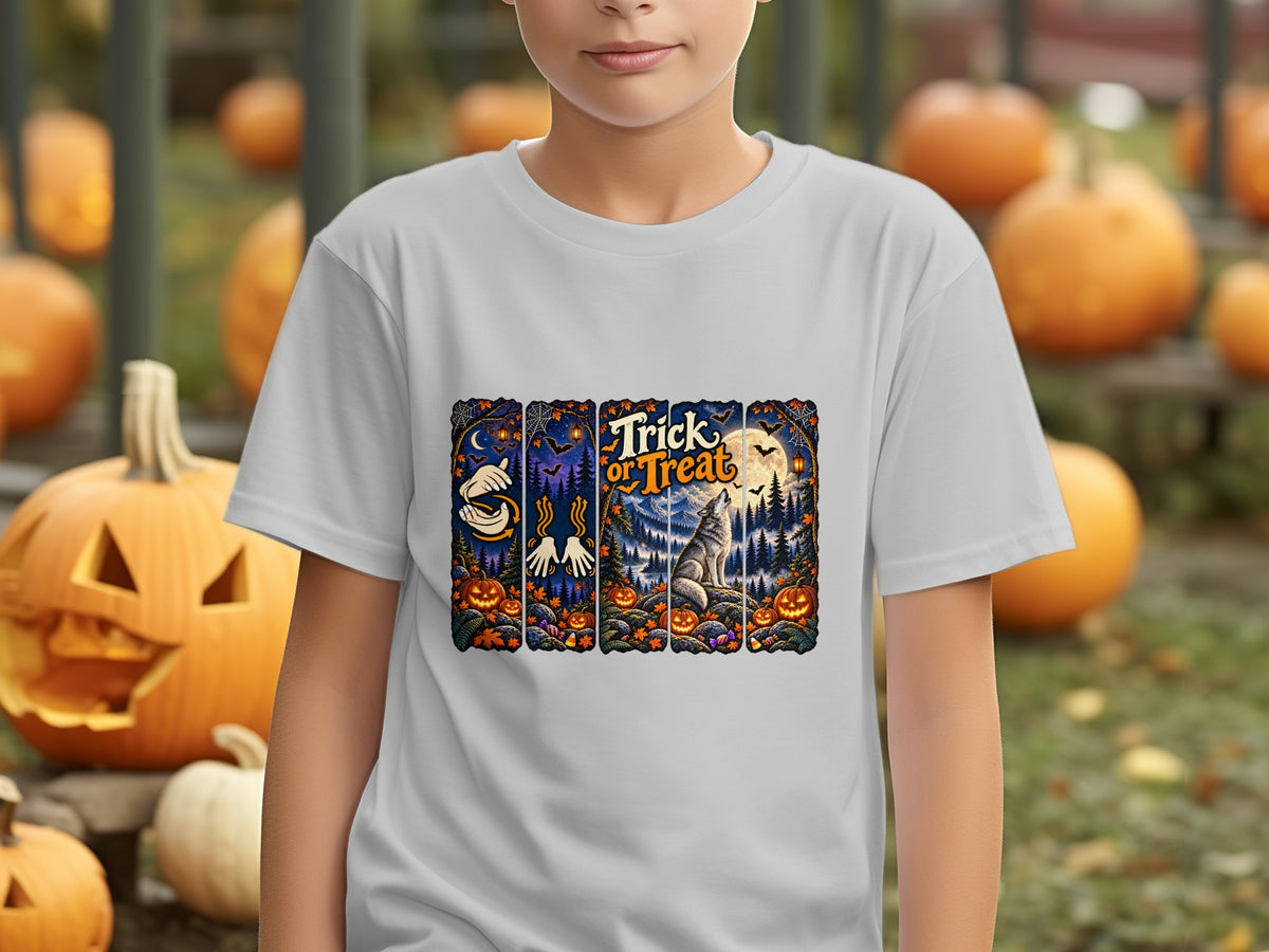 White t-shirt with a Halloween graphic of a wolf howling at the moon.