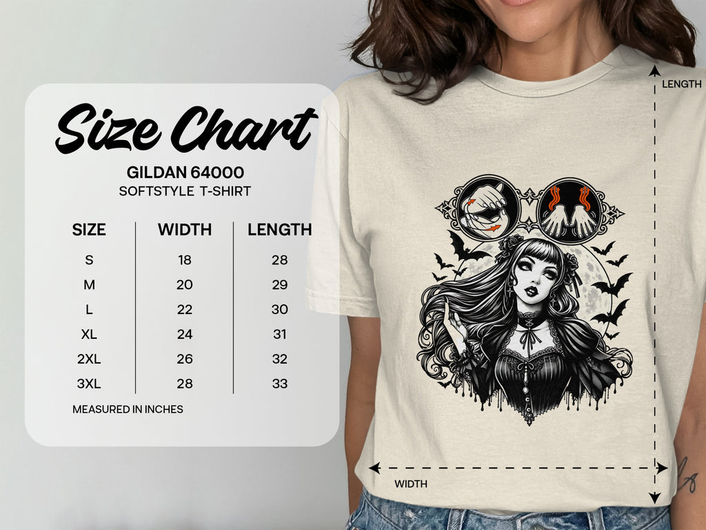 Gildan 64000 Softstyle T-shirt size chart with width and length measurements.
