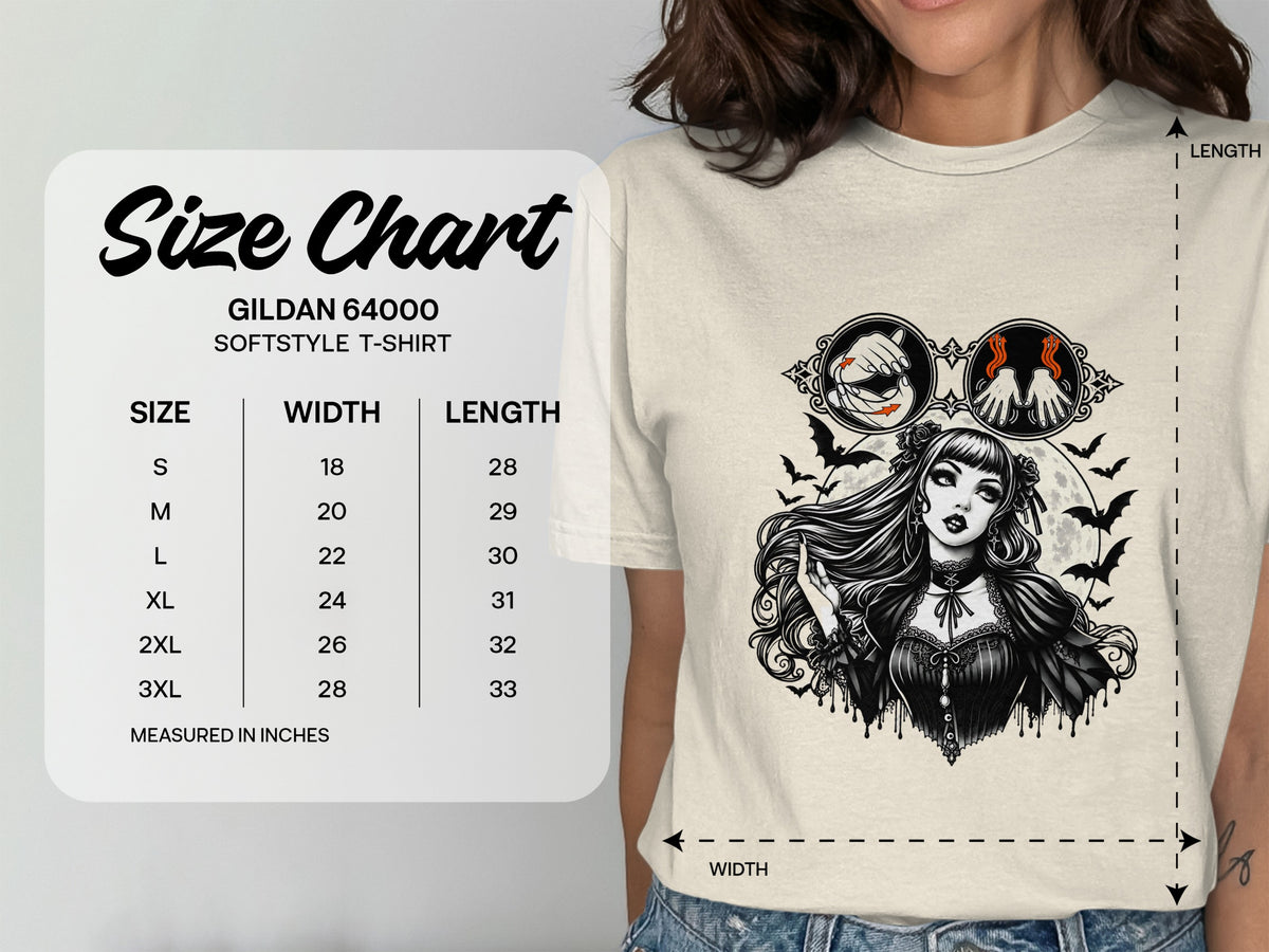 Gildan 64000 Softstyle T-shirt size chart with width and length measurements.