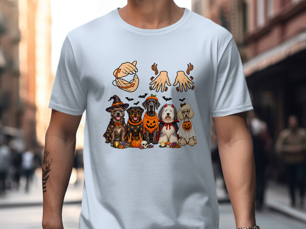 Five dogs in Halloween costumes with a hand gesture design above them.