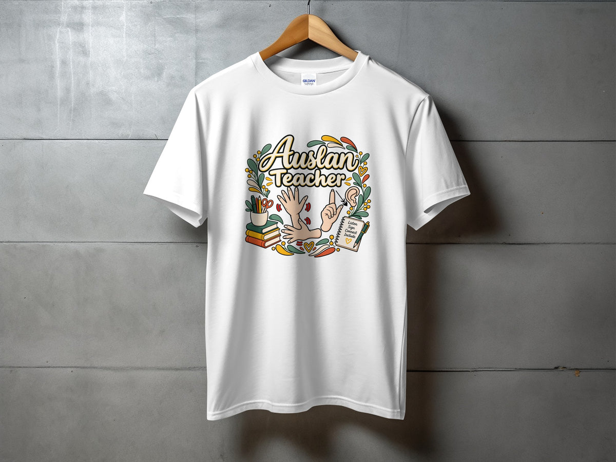 White t-shirt with "Auslan Teacher" graphic featuring hands, books, and inspirational words.