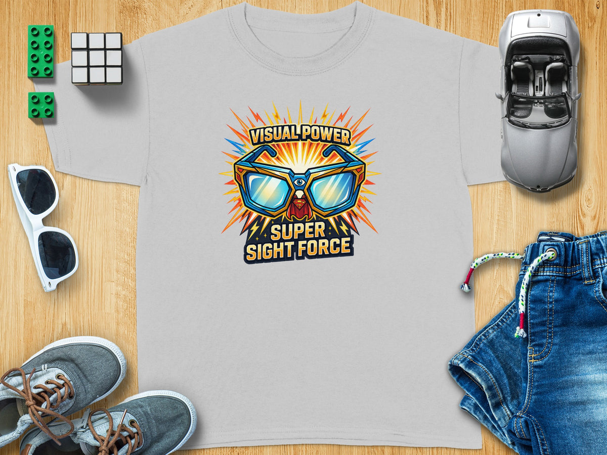 Light grey t-shirt with "Visual Power", "Super Sight Force" graphic of glasses.