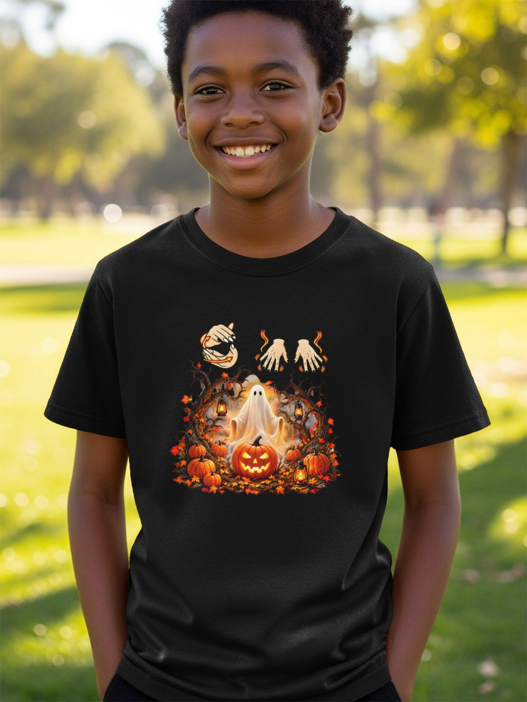Black t-shirt with Halloween graphic of a ghost, pumpkins, lanterns, and hands.