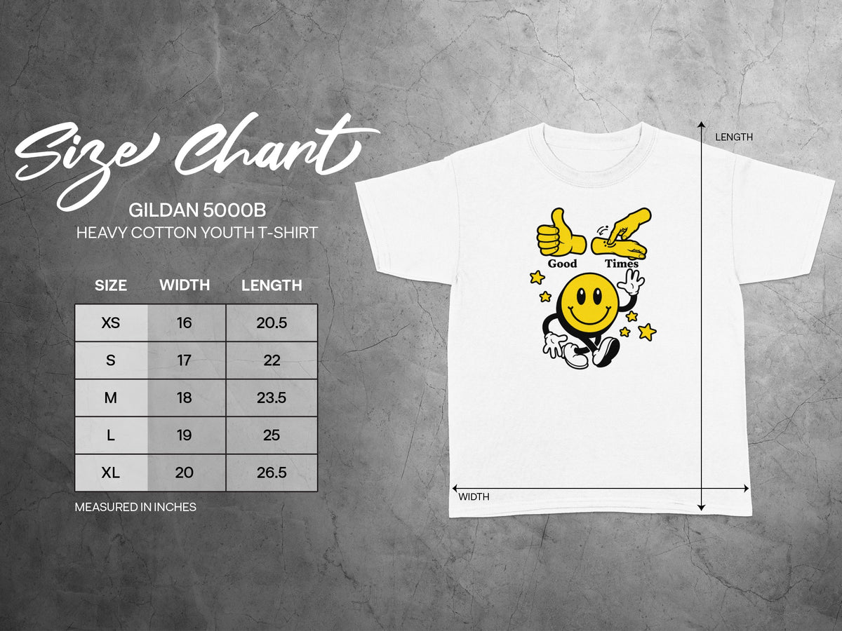 Gildan 5000B youth t-shirt size chart showing width and length in inches.