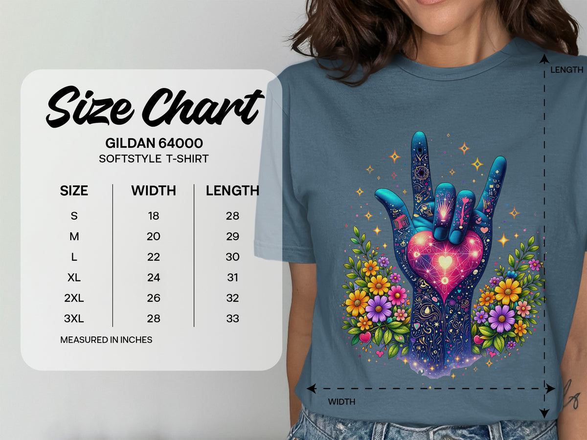 Gildan 64000 Softstyle t-shirt size chart with width and length measurements in inches.
