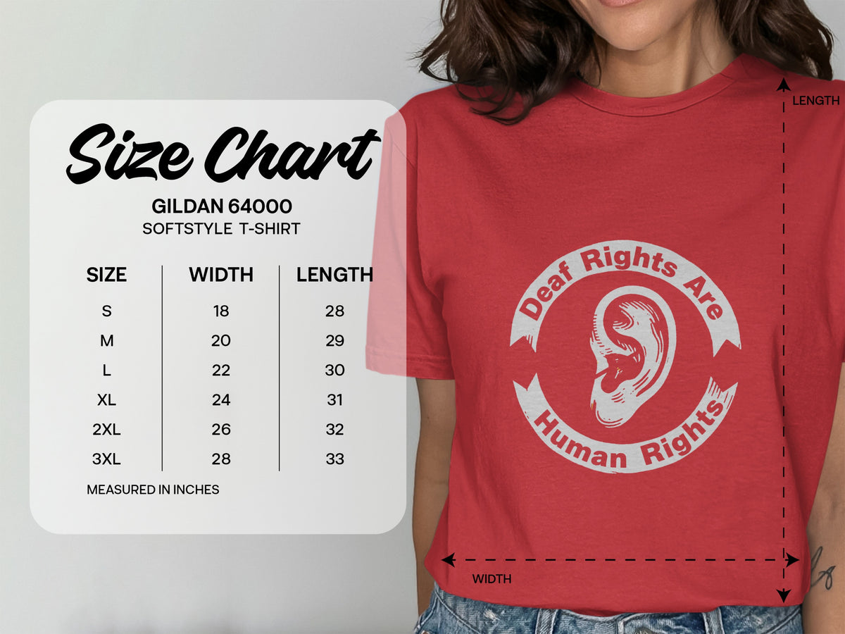 Gildan 64000 Softstyle t-shirt size chart with width and length measurements in inches.