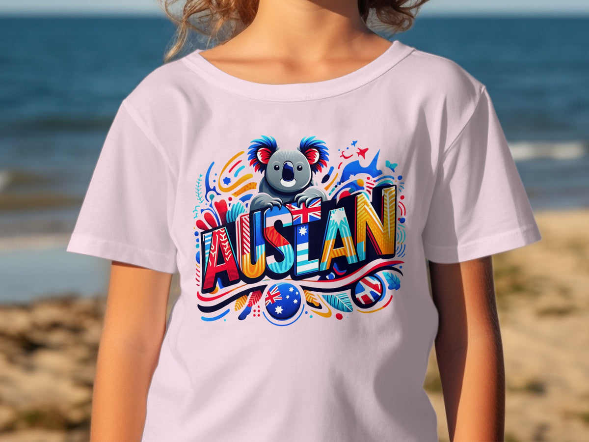 T-shirt with a cartoon koala and colorful "AUSLAN" text and Australian flag elements.