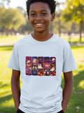 Light blue t-shirt with a Halloween-themed graphic featuring ghosts and pumpkins.