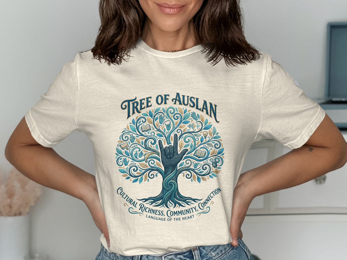 Tree of Auslan shirt with ASL hand, cultural symbols, and text.
