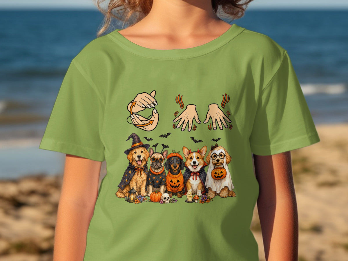 Five dogs in Halloween costumes, with hands doing sign language above.
