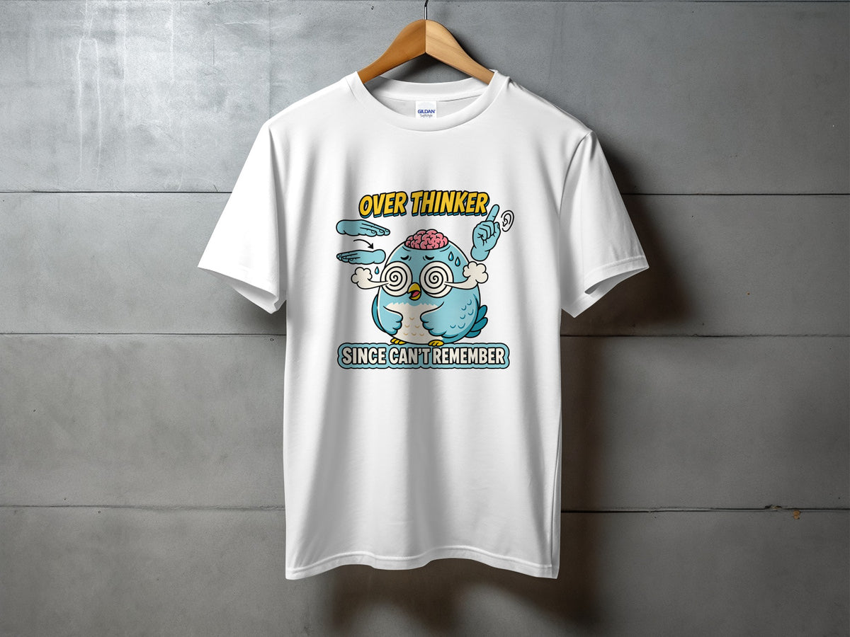 White t-shirt with cartoon owl graphic and text "OVER THINKER SINCE CAN'T REMEMBER".