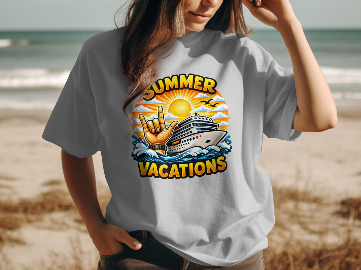 Summer vacations graphic with cruise ship, sun, and hand gesture.