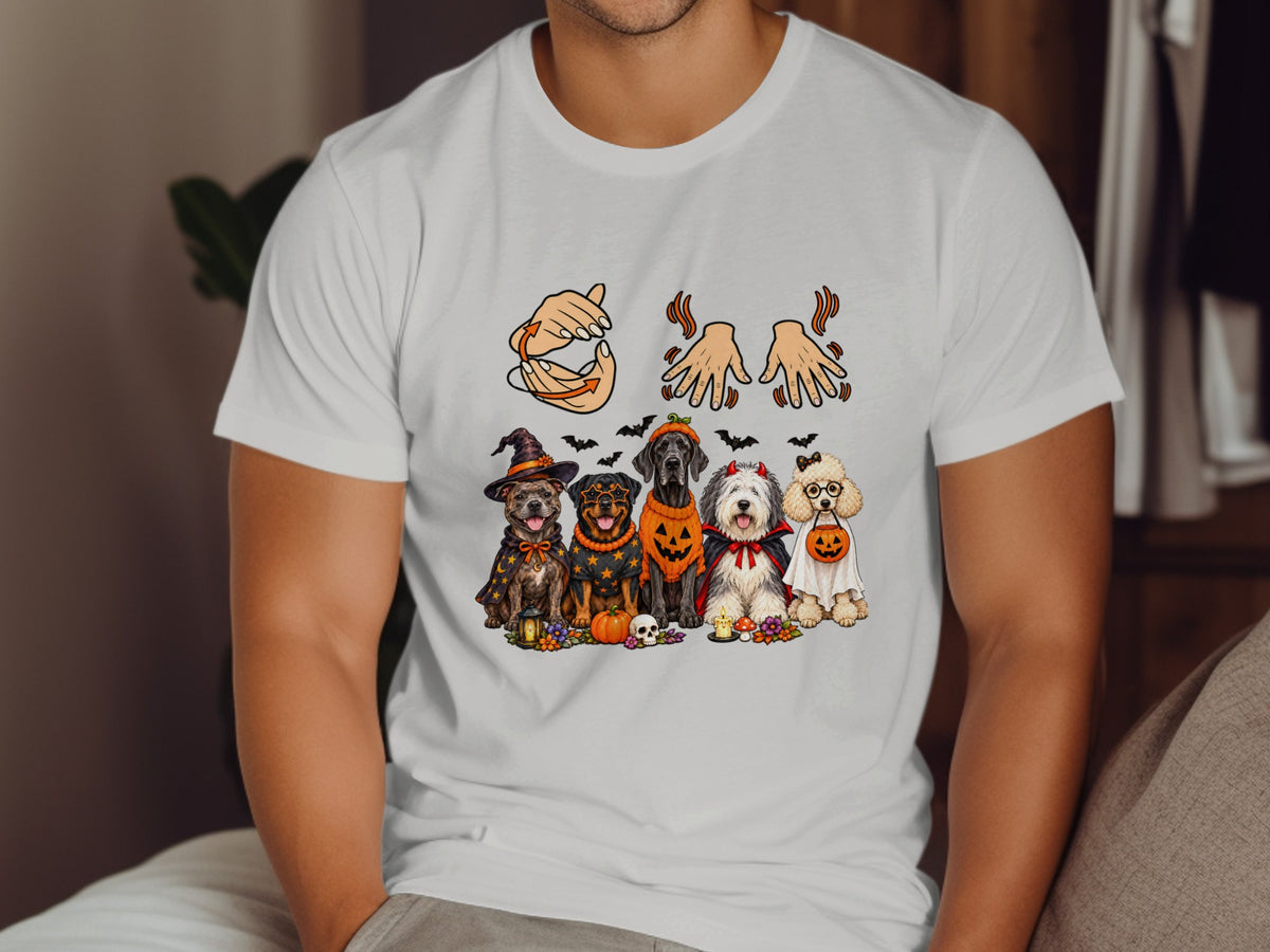 Five dogs in Halloween costumes sit in a row with decorative elements.
