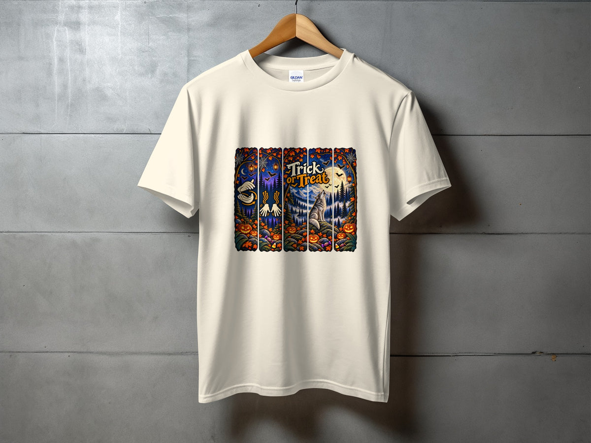 Cream t-shirt with "Trick or Treat" Halloween graphic featuring a wolf and pumpkins.