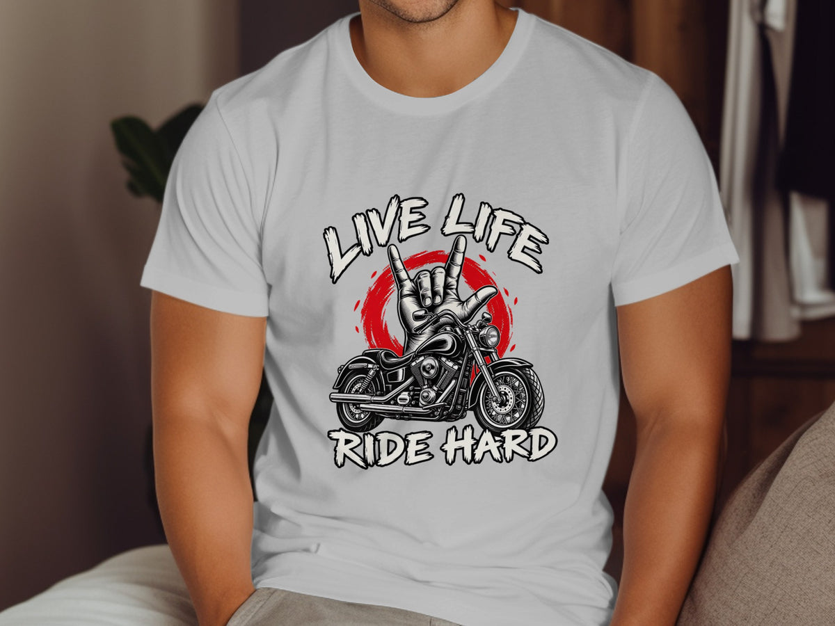 White t-shirt with graphic of a motorcycle, hand making rock horns, and text "LIVE LIFE RIDE HARD".