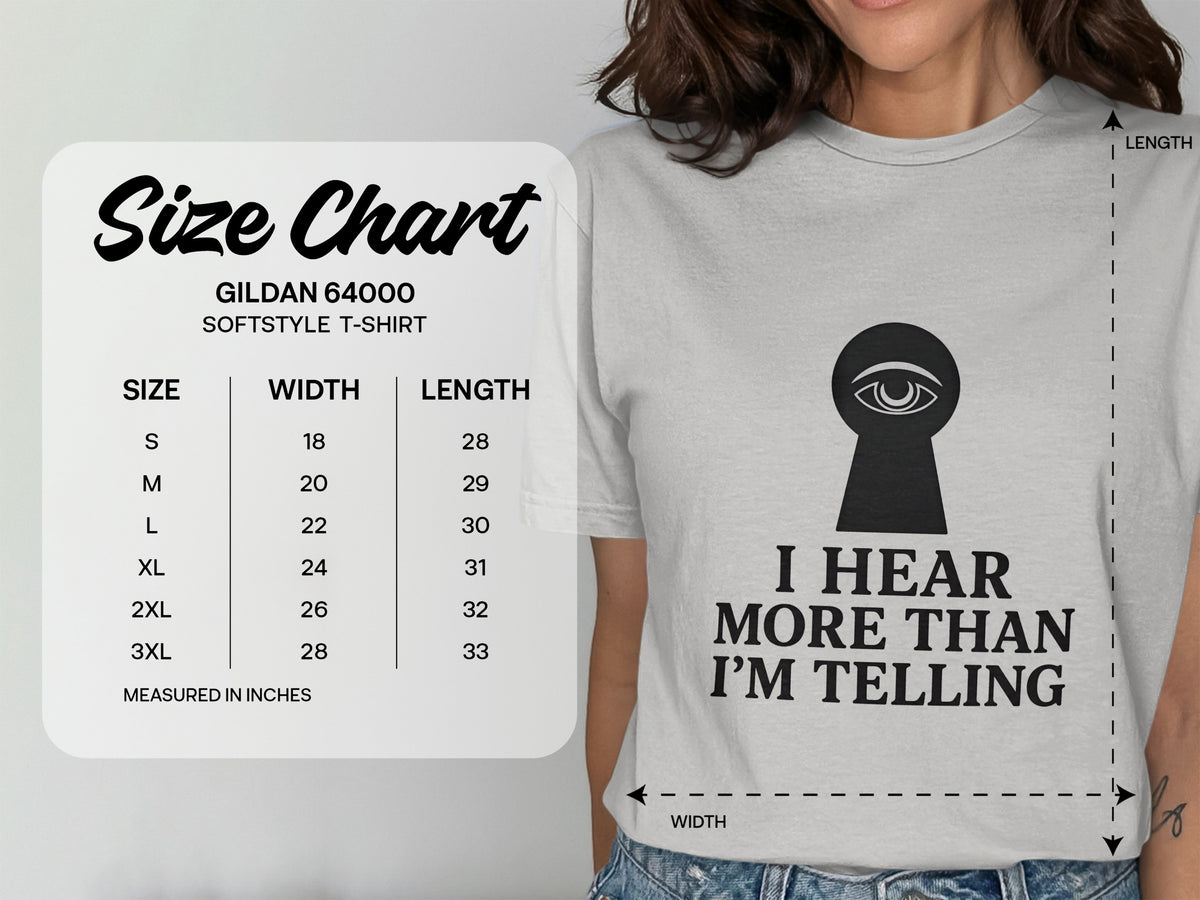 Gildan 64000 Softstyle t-shirt size chart with width and length measurements in inches.