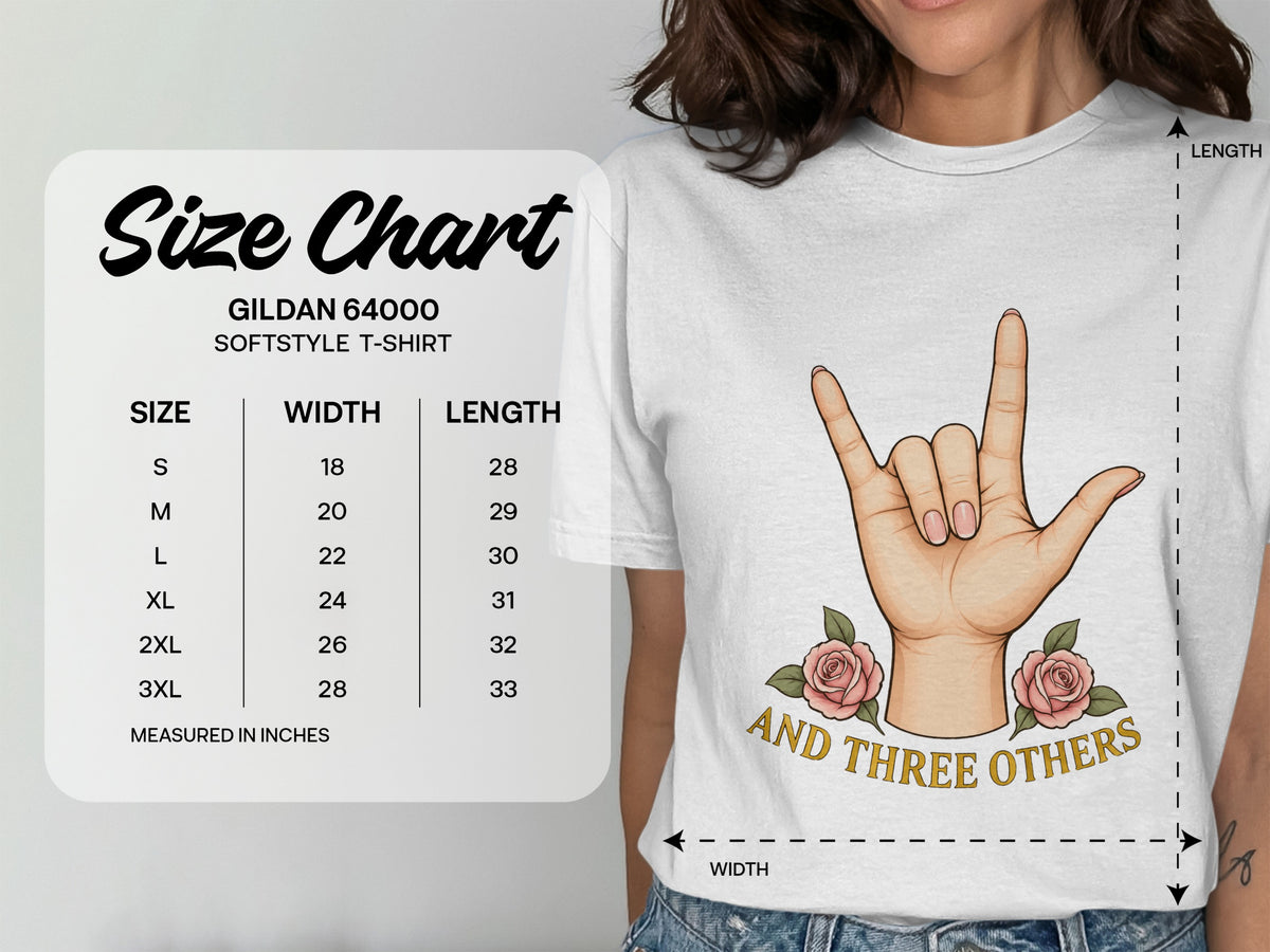 Gildan 64000 Softstyle T-shirt size chart with measurements in inches.