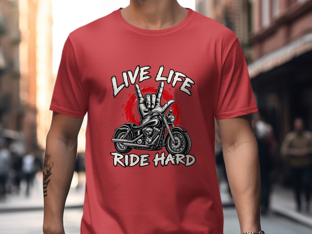 Red t-shirt graphic with a motorcycle, hand making rock horns, and text "LIVE LIFE RIDE HARD".