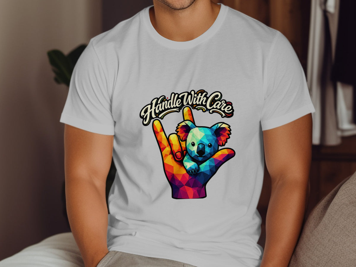 Colorful koala on a hand with "Handle With Care" text above.