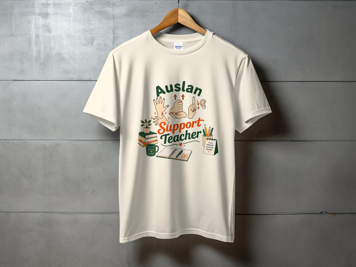 Auslan Support Teacher graphic with books, a mug, and desk items.
