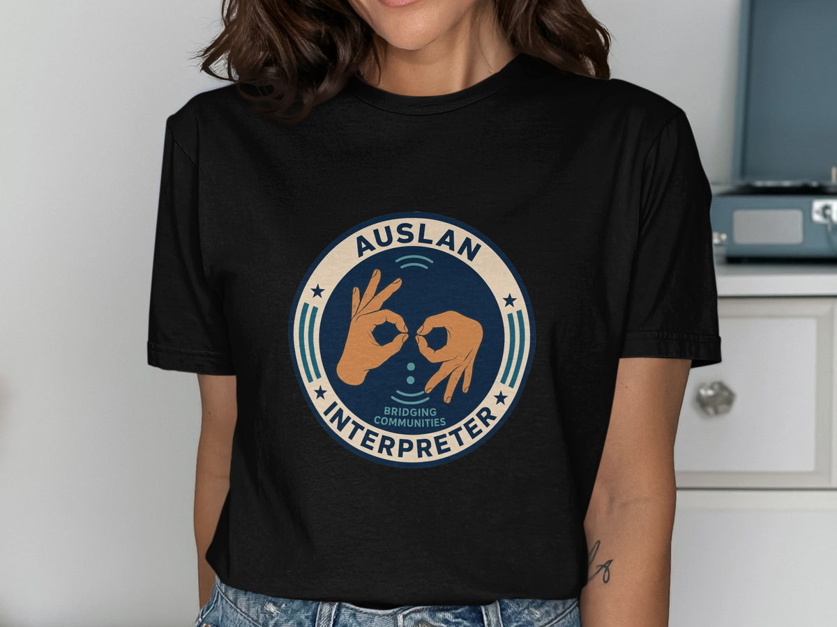 Black t-shirt with "AUSLAN INTERPRETER BRIDGING COMMUNITIES" circular logo.