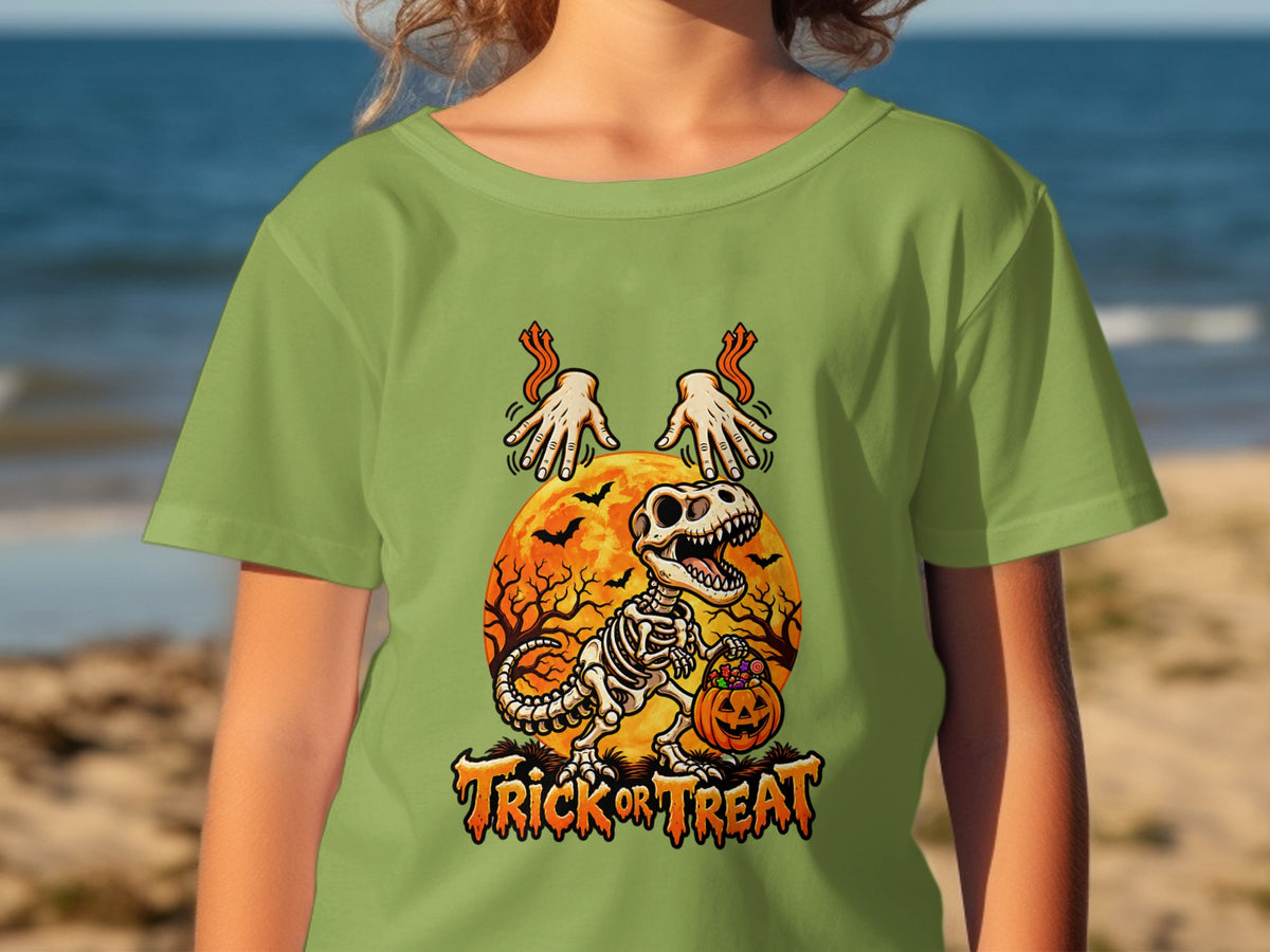 T-Rex skeleton holding pumpkin candy bucket with "Trick or Treat" text.
