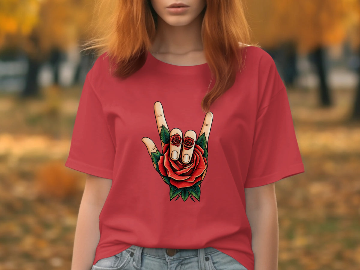 Red t-shirt with a rose and rock and roll hand gesture graphic.