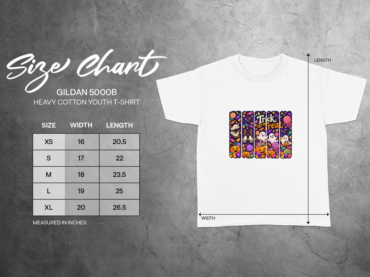 Gildan 5000B youth t-shirt size chart with width and length measurements in inches.