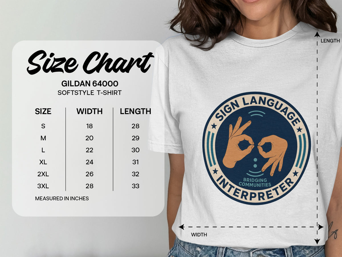 Gildan 64000 softstyle t-shirt size chart with width and length measurements in inches.