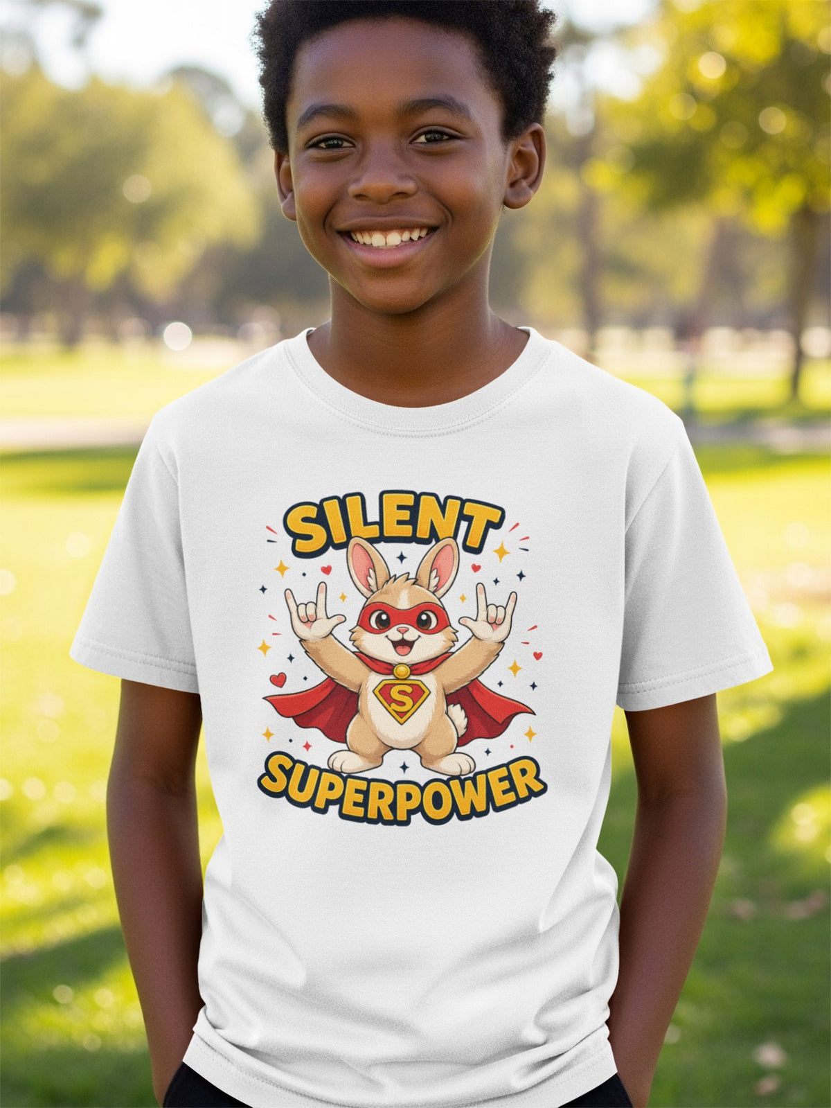 White t-shirt with a cartoon bunny superhero graphic that says "SILENT SUPERPOWER".
