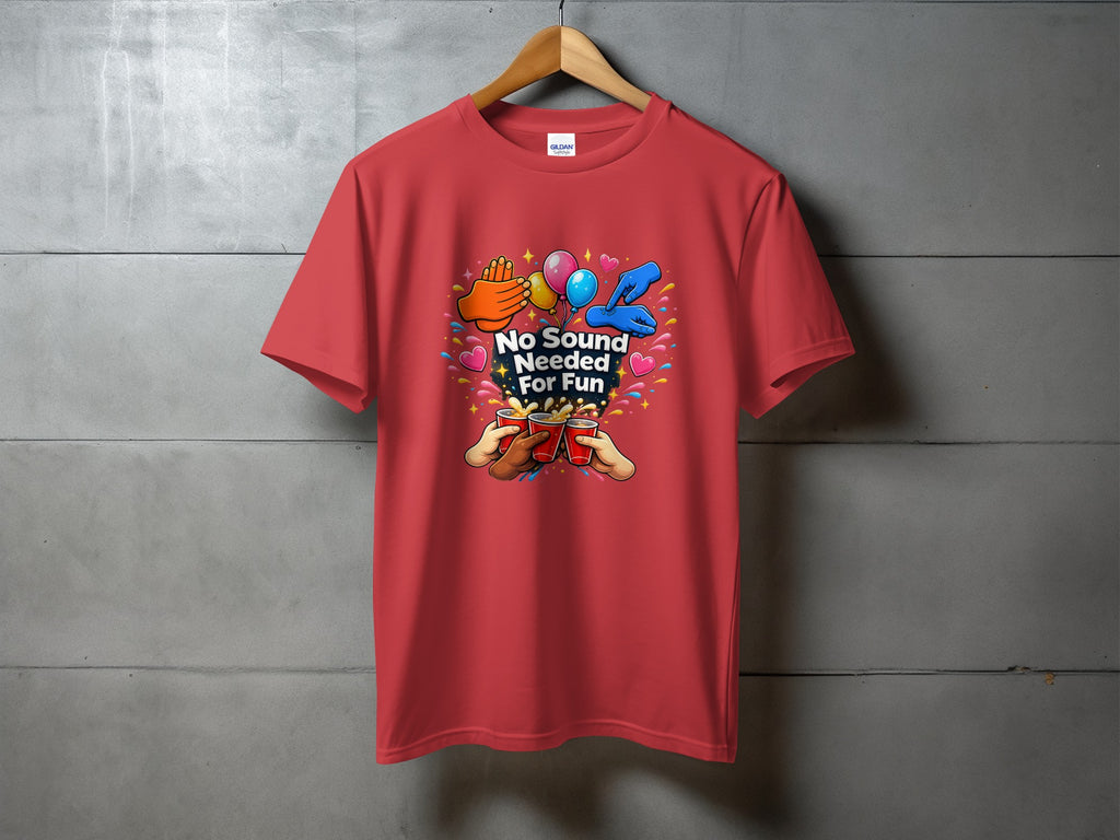 Red t-shirt with colorful graphic and text "No Sound Needed For Fun".