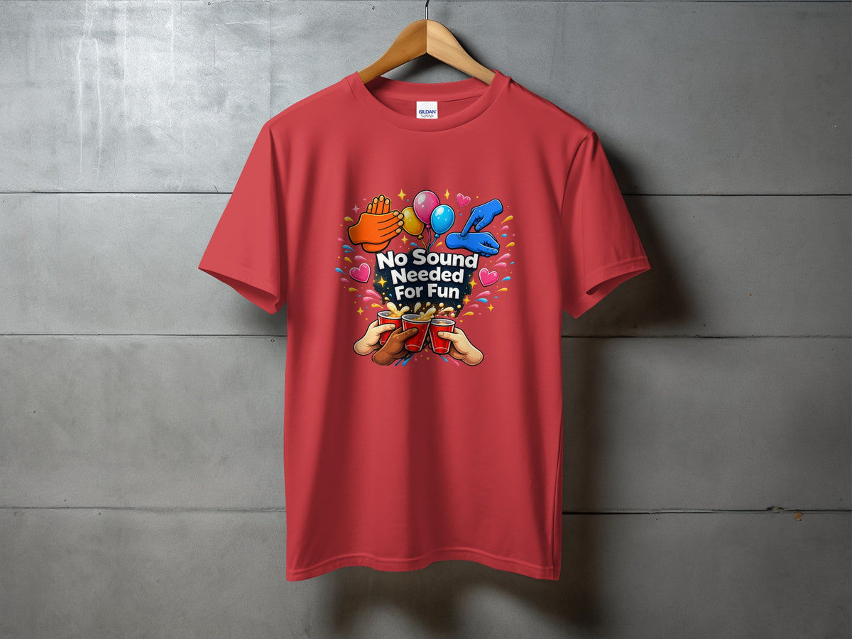 Red t-shirt with colorful graphic and text "No Sound Needed For Fun".