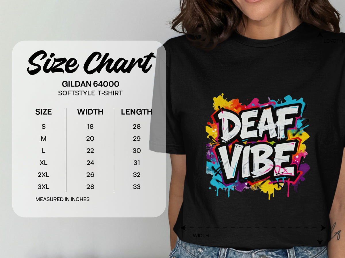 Gildan 64000 Softstyle T-shirt size chart with width and length measurements in inches.