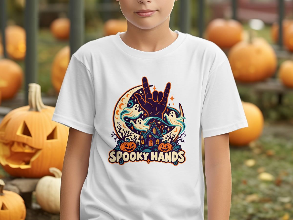 White t-shirt with Halloween graphic featuring a hand making rock-on gesture and text "Spooky Hands".