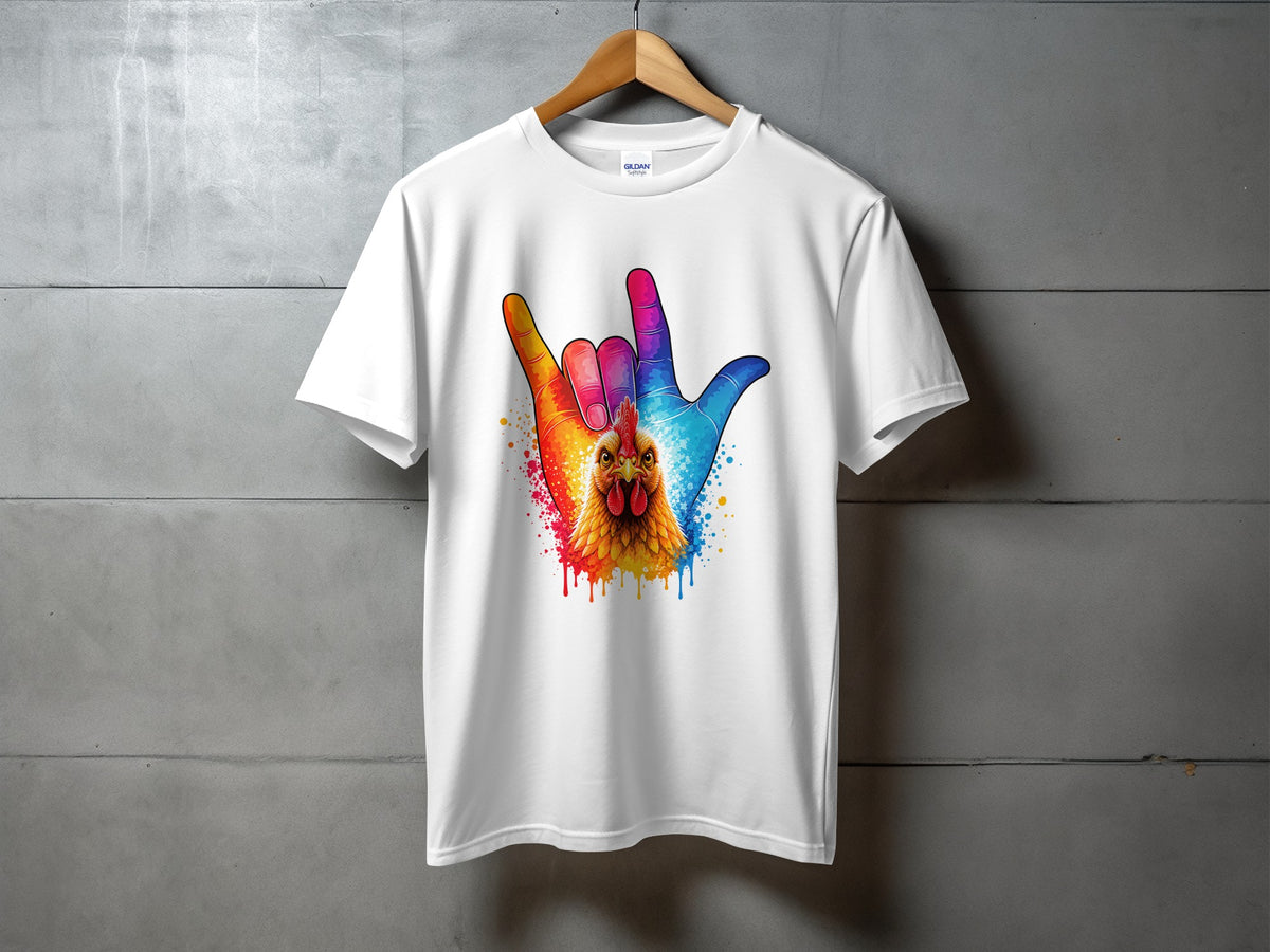 White t-shirt with a colorful chicken and hand graphic.