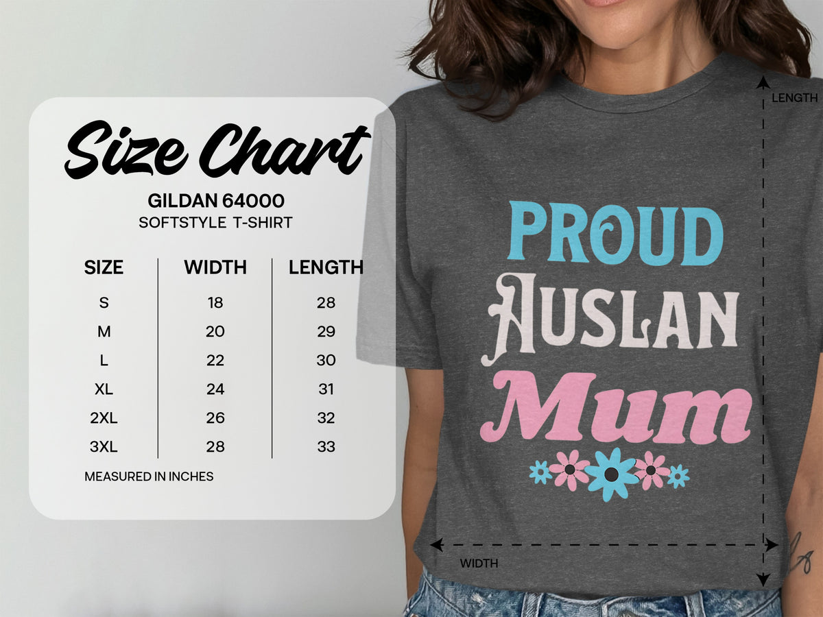Gildan 64000 softstyle t-shirt size chart with "Proud Auslan Mum" graphic.