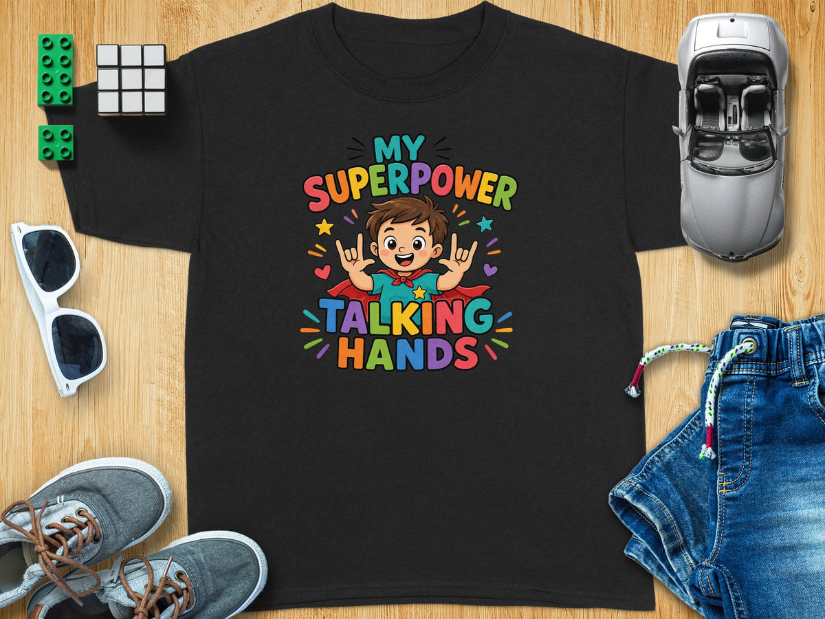 Black t-shirt with "MY SUPERPOWER TALKING HANDS" graphic featuring a cartoon boy.