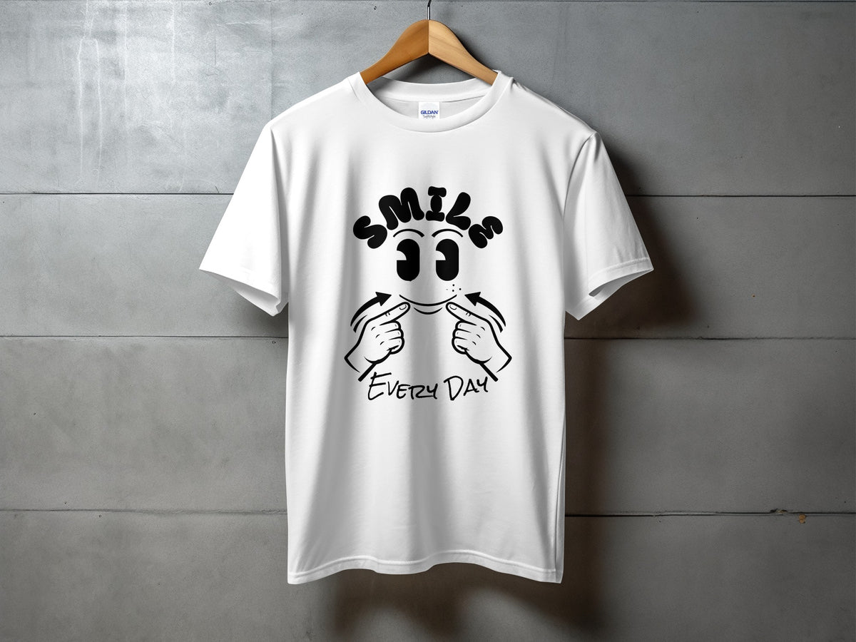 White t-shirt with black "SMILE EVERY DAY" text and cartoon face graphic.