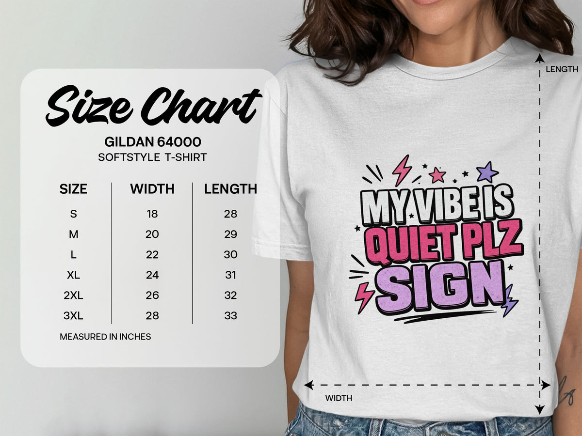 Size chart for Gildan 64000 softstyle t-shirt with width and length measurements.