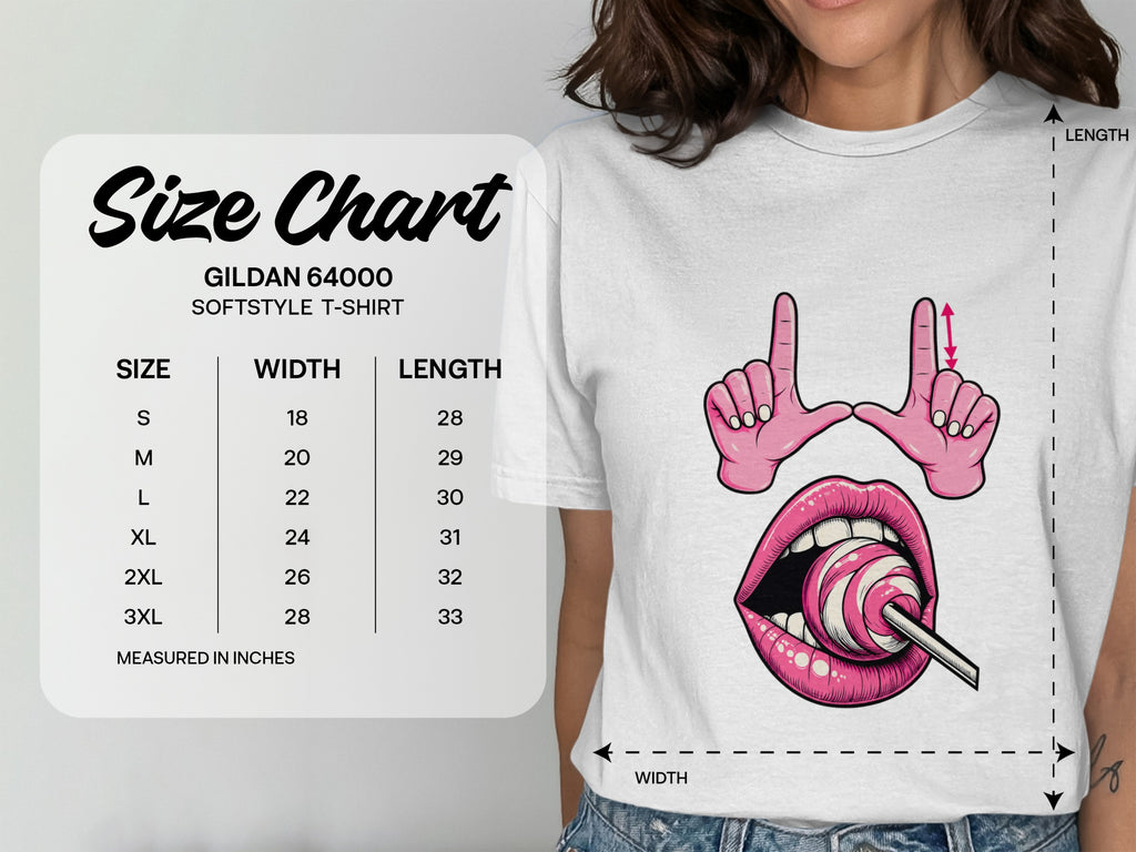 Gildan 64000 Softstyle T-Shirt size chart with width and length measurements in inches.