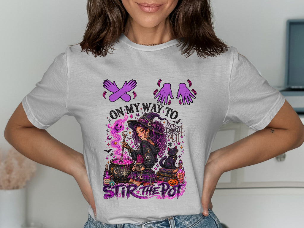 Witch stirring cauldron with text "On My Way To Stir The Pot".