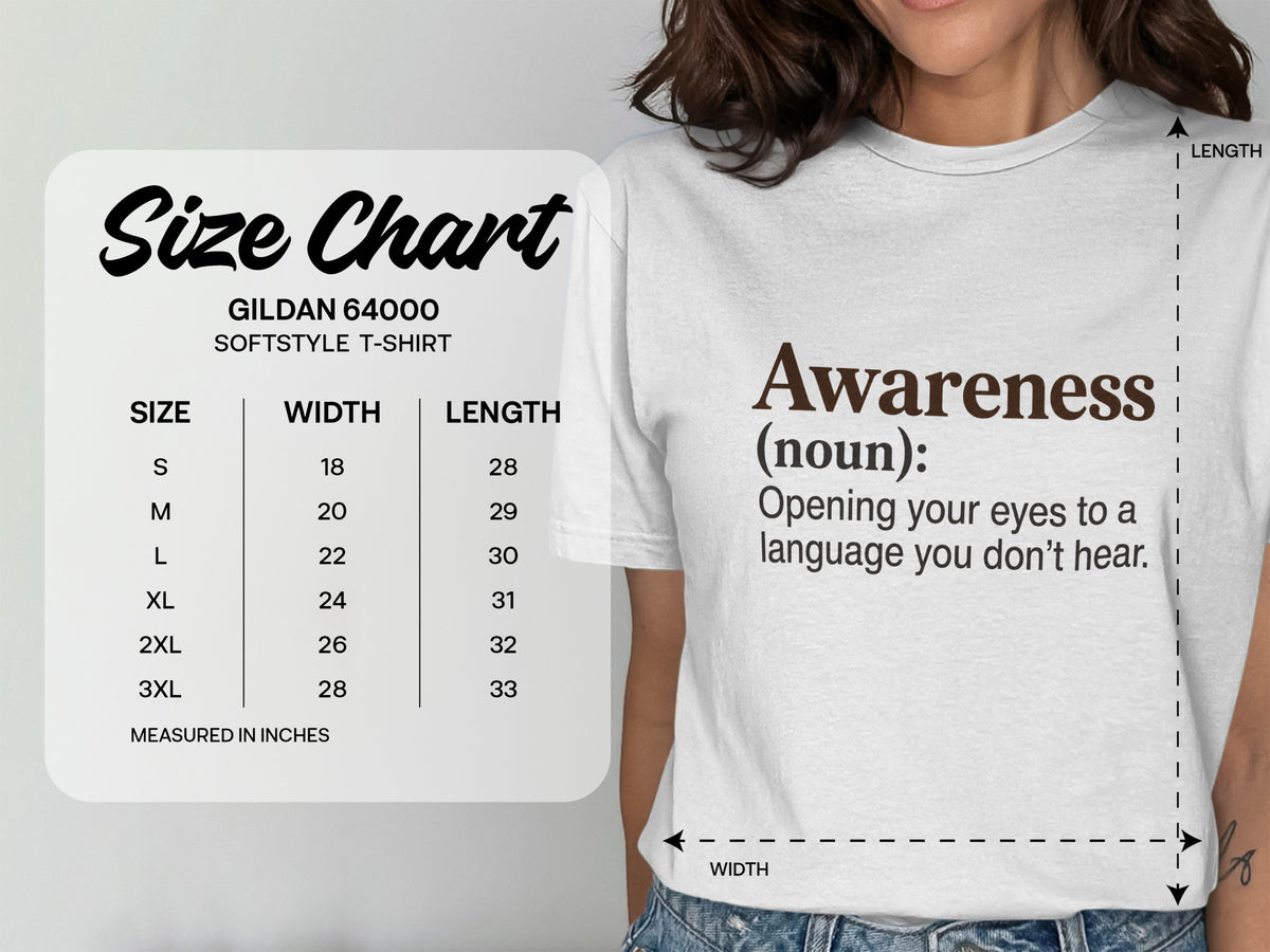 Gildan 64000 softstyle t-shirt size chart with width and length measurements in inches.