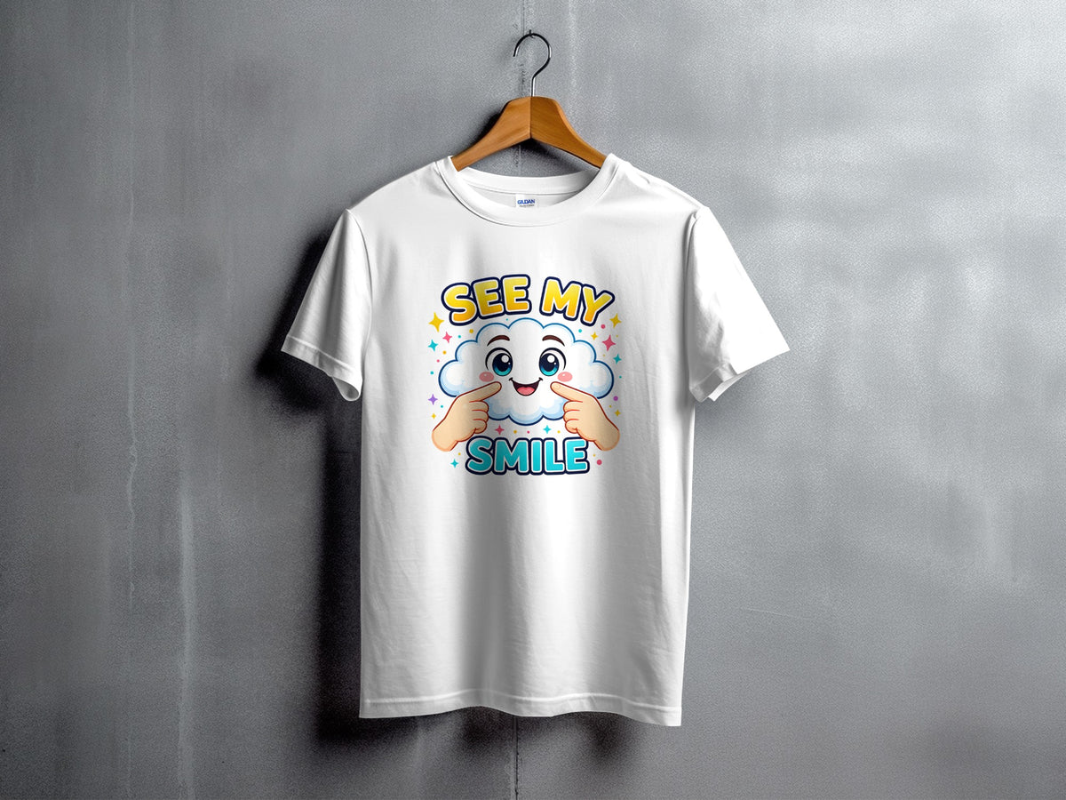 White t-shirt with cartoon cloud graphic saying "SEE MY SMILE".