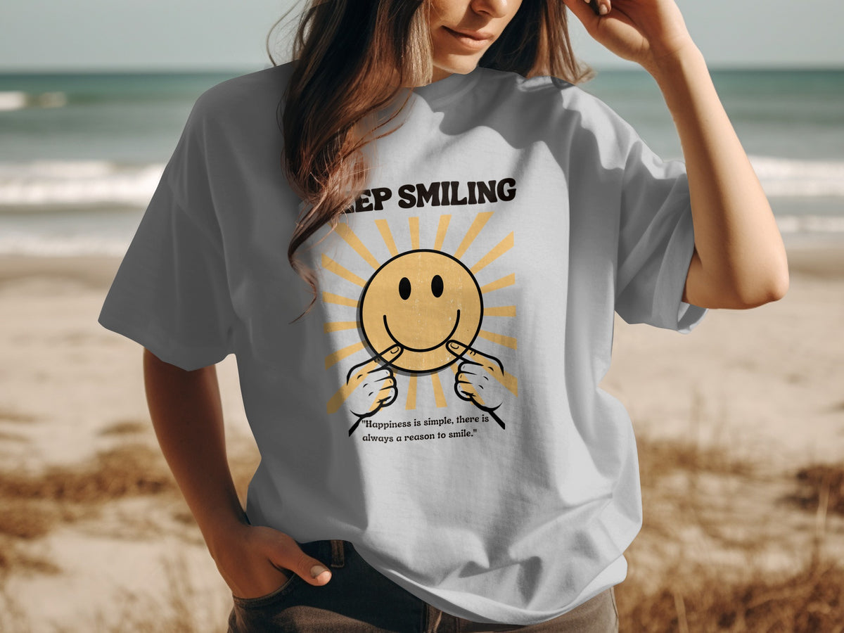 T-shirt with smiling sun graphic and "Keep Smiling" text.